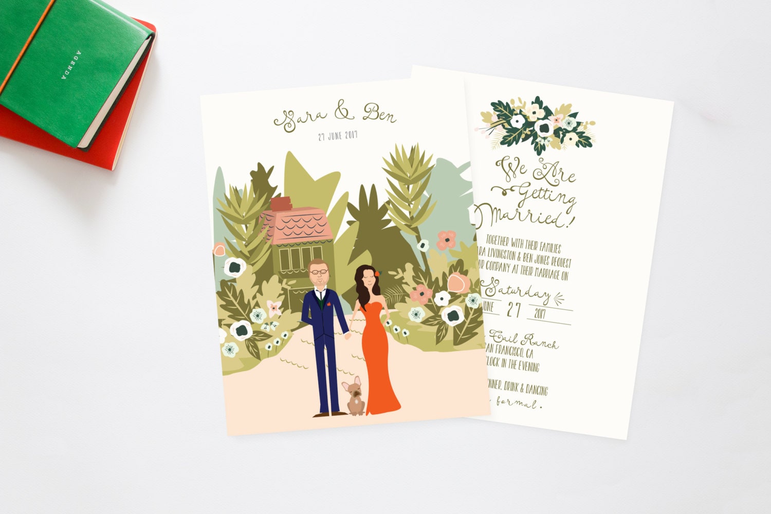 Boho Beach Bungalow Secret Garden Couples + Pet Portrait Wedding Invites /// Illustrated Couples Portrait /// Illustrated Family Portrait