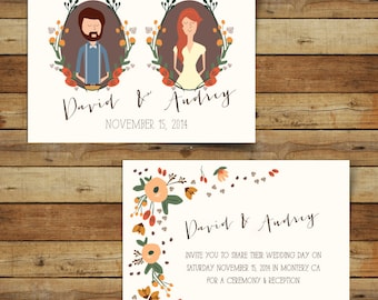 Printable Wedding Invites - Illustrated Couples Portrait Autumn Wedding Invitations