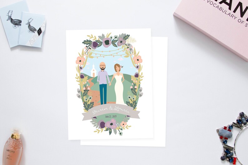 Going to the Chapel Couples Family Portrait Wedding Invites /// Illustrated Couples Family Portrait /// Christian Church Wedding image 2