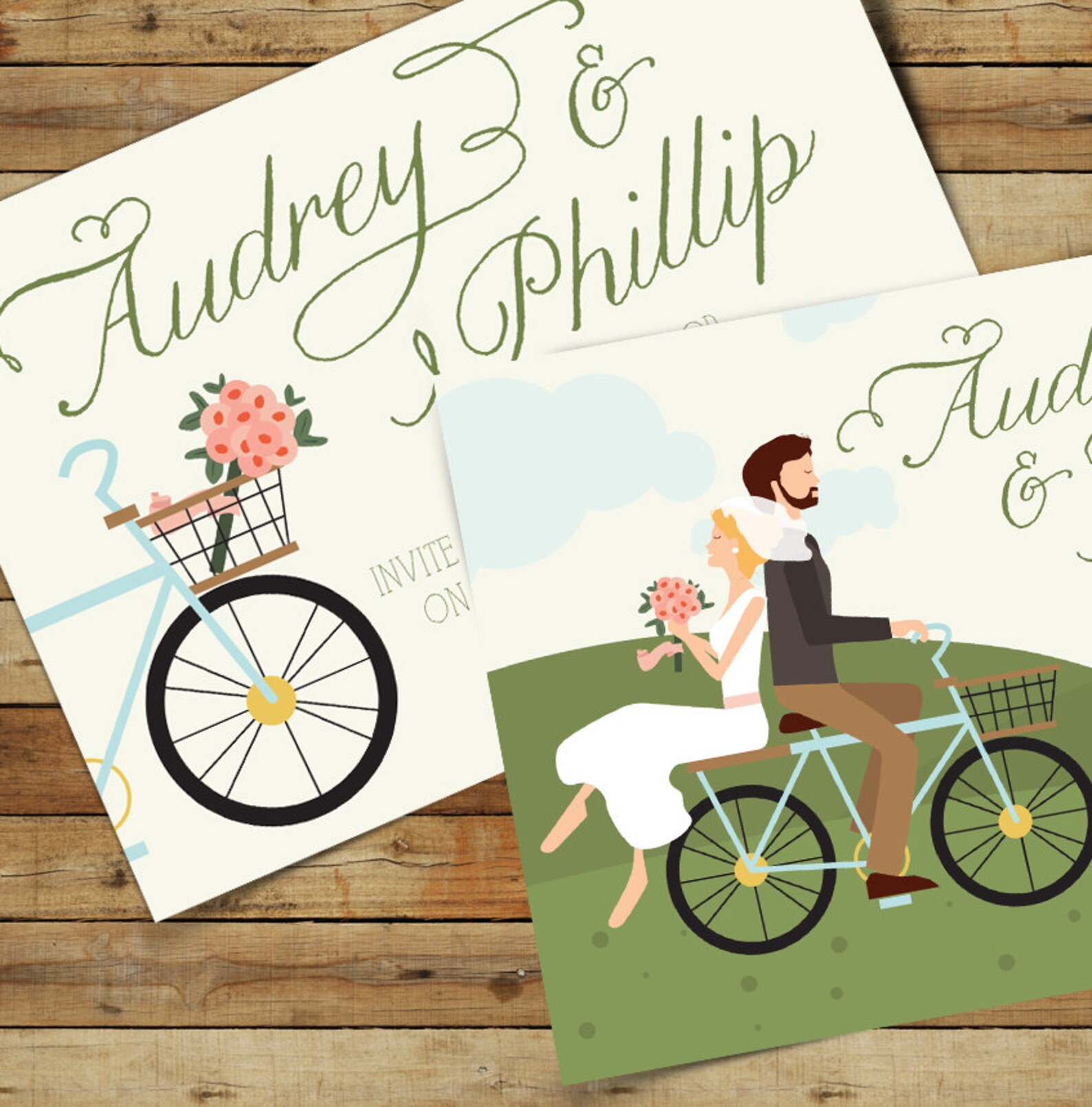 Ride On Bike Wedding Invitation Suite /// Illustrated Couples Etsy