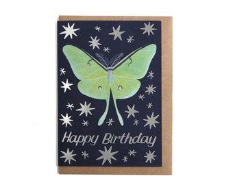 Happy Birthday Luna Moth Greeting Card - Recycled Paper with Silver Foil