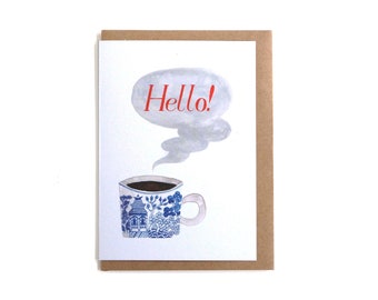 Hello! Blue Willow Coffee Mug - Recycled Greeting Card