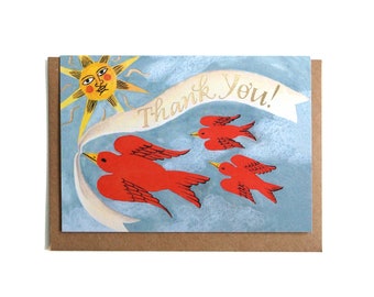 Folk Art Birds - Thank You Greeting Card - Recycled Paper with Gold Foil