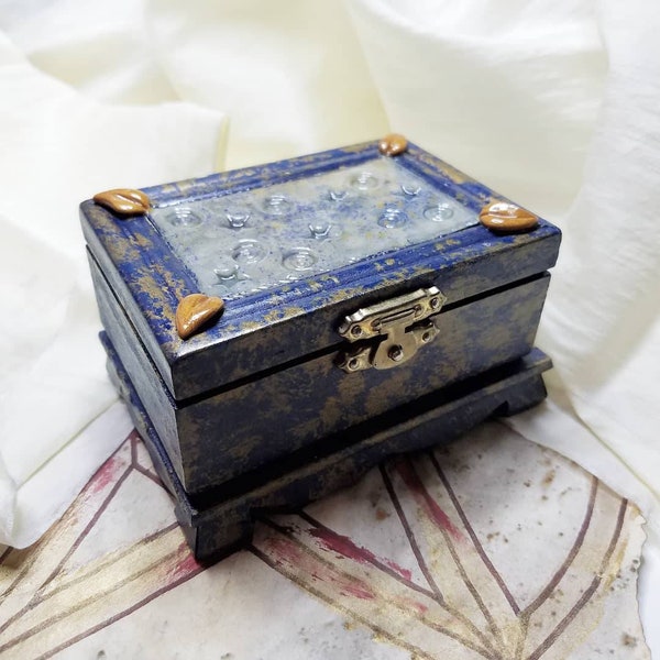 Wooden Trinket Box Hinged Small Keepsake Jewelry Treasure Container Blue Gold Celestial Triple Moon Goddess Wiccan Witchy Pagan Magick