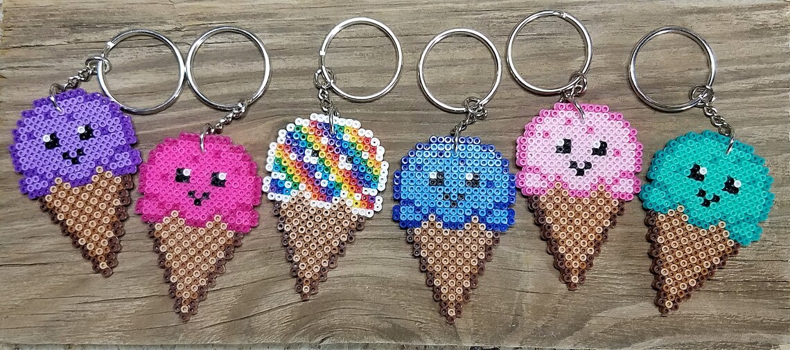 Kawaii Ice Cream Cone Fuse Bead Keychain Smiling Sweet Treat Etsy
