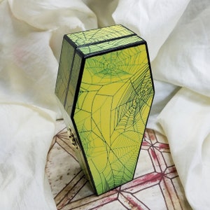 Hinged Coffin Trinket Box: Green Spiderweb Wooden Keepsake