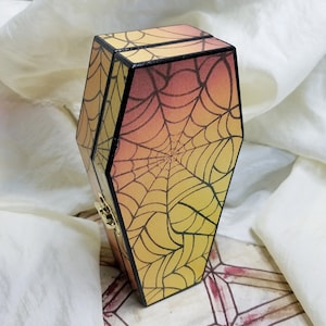 Hinged Coffin Keepsake Box: Orange Spiderweb Trinket Stash