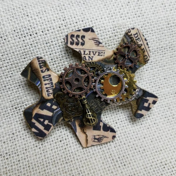 Steampunk Victorian Gothic Renaissance Dickens Cosplay Accessories Costume Jewelry Brooch Jigsaw Puzzle Piece Pin Wanted Wild West Outlaw