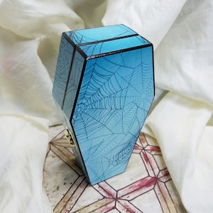 Coffin Trinket Box: Hinged Wooden Keepsake, Blue Spiderweb Design