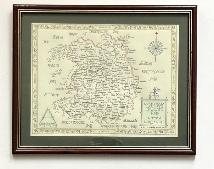 Vintage Framed Print of J S Garnons Williams 1086 Domesday Map England Sciropescire - Vintage 1984 Map of Domesday