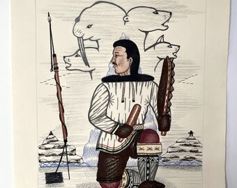 Inuit Artist Goo Pootoogook Coloured Pencil Drawing Titled "Prehunt Dance" - Vintage Canadian Artist Drawing