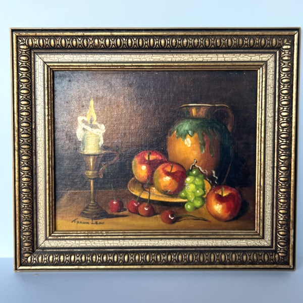 Vintage Still Life Painting by Frank Lean - Framed Painting of Fruit and Candle with Jug - Signed by Artist