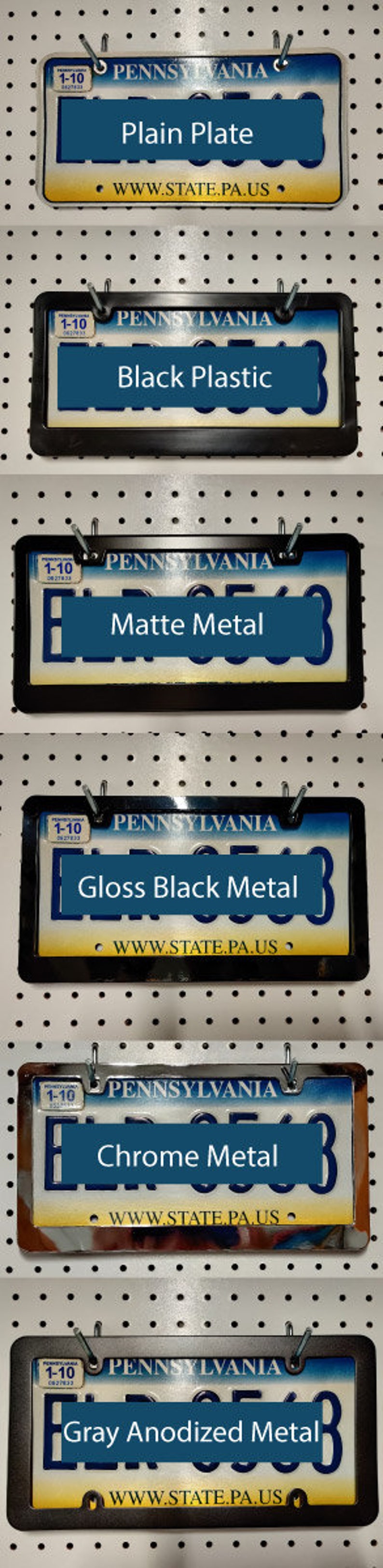 A photo showing 6 different styles of license plate frames.