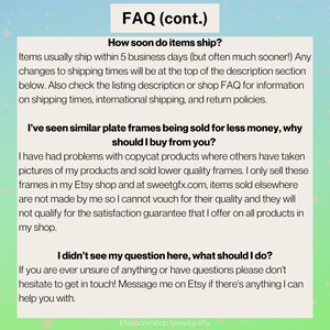 Puede incluir: FAQ (cont.) texto con informaci&oacute;n sobre los plazos de env&iacute;o, productos similares y atenci&oacute;n al cliente. El texto incluye la direcci&oacute;n del sitio web Etsy.com/shop/sweetgraffix.