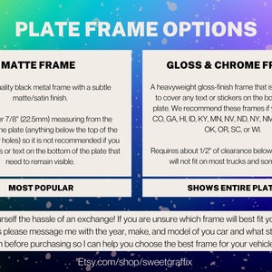 Puede incluir: Un gr&aacute;fico que compara dos tipos de marcos para placas de matr&iacute;cula: un marco de metal negro mate y un marco cromado brillante. El marco mate se describe como "el m&aacute;s popular" y cubre 7/8 pulgadas de la placa. El marco cromado brillante se describe como "muestra toda la placa" y requiere 1/2 pulgada de espacio libre debajo de la placa. El gr&aacute;fico incluye una nota para enviar un mensaje al vendedor con el a&ntilde;o, la marca y el modelo del autom&oacute;vil y el estado de residencia para asegurarse de que se elige el marco correcto.