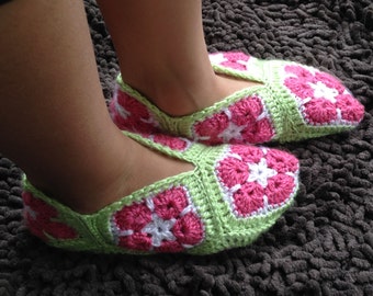 CROCHET PATTERN African Flower Granny Square Slippers Children and Women's Sizes Instant Download PDF