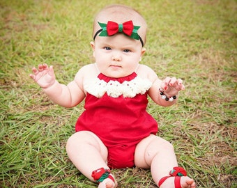 Boho red linen romper - Vintage-inspired - Baby Clothes - Bohemian - Christmas Romper