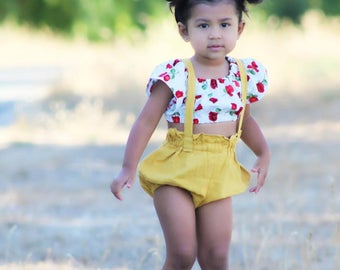 Linen Bloomers with straps - Boho Baby Romper - Mustard - Baby Girl Clothes - Toddler clothes - Handmade - Made to order - Bloomeralls