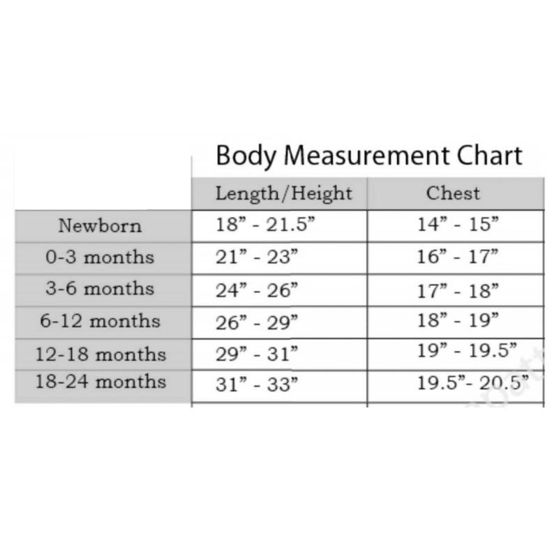 May include: A chart showing baby clothing sizes in inches. The chart lists the age range, length/height, and chest measurements. For example, a newborn baby is 18 to 21.5 inches long and has a chest measurement of 14 to 15 inches.