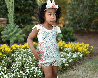 Boho romper - Mint Rose Romper - Bubble Romper -Bohemian sunsuit - handmade - made to order - Baby Girl Clothes - Toddler girl birthday