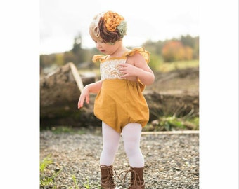 Boho Ruffle Romper - Mustard Lace Romper - Bohemian Baby Clothes - Newborn Photography - Baby Girl Clothes - Sunsuit - Handmade