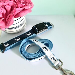 Preppy Navy and White Whale Dog Collar with Leash option, adjustable nylon collar, nautical collar sets