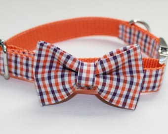 Dog Collar - Clemson Tiger Orange, Purple, and White Plaid Gingham with BOW OPTION- Use drop down menu to choose.