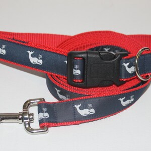 Preppy Navy, Red and White Whale Dog Collar and Leash