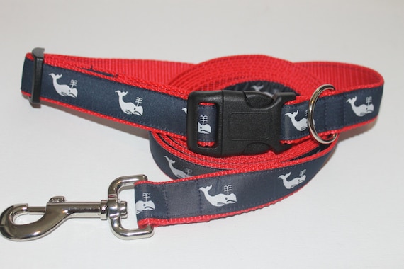 Preppy Navy, Red and White Whale Dog Collar and Leash