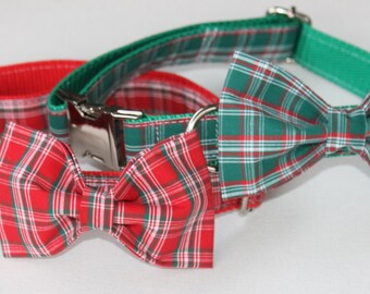 May include: Two dog collars with matching bow ties. One collar is red with a white and black plaid pattern, and the other is green with a red and white plaid pattern. The bow ties are red and green plaid.