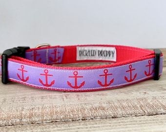 Nautical Anchor Dog Collar - Adjustable with Leash option, Red and Lavender