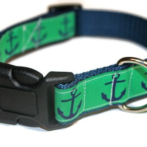 Green and Navy Anchor Dog Collar with leash option