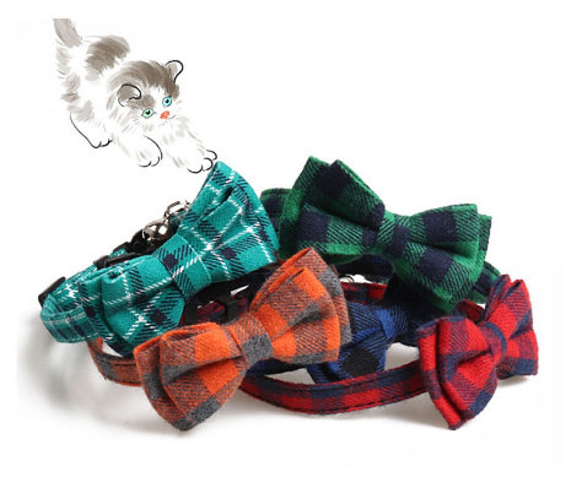 Plaid Flannel Bow Cat Collars With Small Removable Bell Etsy