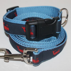 Light Blue and Red Preppy Whale Dog Collar and Leash
