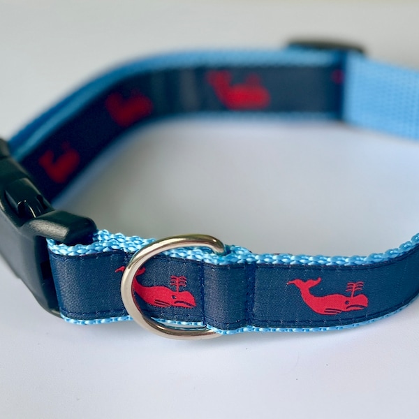 Blue and Red Whale Dog Collar, Whale Leash, Nylon Collar and Leash option - use drop down