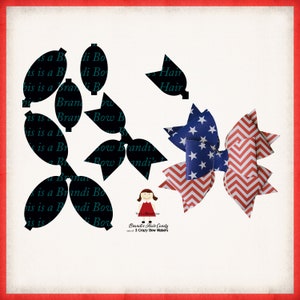 May include: A red, white, and blue chevron patterned hair bow with a star patterned center. The bow is made by Brandi's Hair Candy and 3 Crazy Bow Makers.