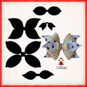 May include: A printable template for making a large bow with a honeycomb pattern and bees. The template includes four pieces for the bow, two pieces for the center, and one piece for the tail. The template is black and white and is printed on a white background. The text "Brandi's Hair Candy one of 3 Crazy Bow Makers" is printed at the bottom of the template.