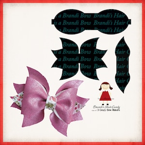May include: A pink hair bow with a floral pattern and a glittery finish. The image also includes black cutouts of bow shapes and the text "Brandi's Hair Candy".