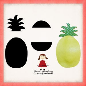May include: A set of three pineapple-shaped hair bow templates. The templates are black and white outlines of a pineapple, a half-circle, and a whole circle. The text "This is a Brandi bow" and "Brandi's Hair Candy one of 3 Crazy Bow Makers" is printed below the templates.