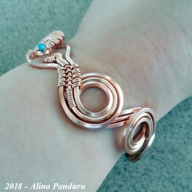 Copper Bracelet 'Round and Round' Handmade OOAK Wire Wrapped Copper Jewelry, Square & Round Wire, Turquoise Mother of Pearl Copper Bracelet image 4