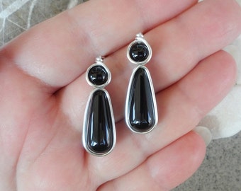 BLACK ONYX and SILVER Wire Wrapped Long Post Earrings - Stone Studs - Handmade Jewelry Wire Wrap Gemstone Earrings - Classic, Elegant Posts