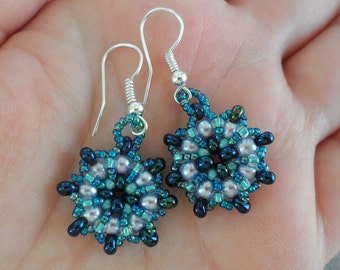 Beaded Pearl Earrings, Lacy Earrings, Handmade Beadwoven Earrings, Beaded Earrings, Seed Beads Earrings, Lavender Turquoise Blue Earrings