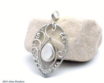 Pearl Necklace, Sterling Silver Pendant, Handmade Wire Wrapped Silver 925 Jewelry, Metalwork OOAK White Pearl Pendant, Gemstone Fine Jewelry