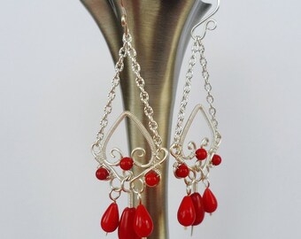 RED CORAL Earrings, Chandelier Earrings, Wire Wrapped Red Coral Jewelry, Silver Earrings, Prom Earrings, Statement Earrings, Long Earrings