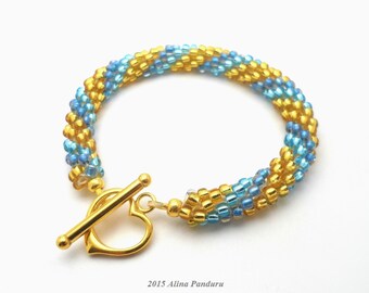 Aqua Blue and Gold Crochet Rope Bracelet, Seed Bead Bracelet, Small Wrist 6 1/2 Inches 16.5 cm, Gold on Sterling Silver Heart Clasp Bracelet