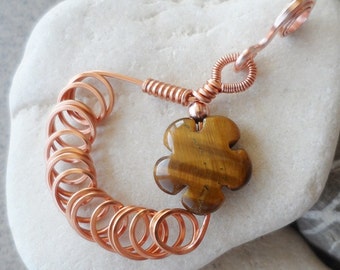 SWEET Tiger’s Eye FLOWER & Copper PENDANT - Handmade Copper Jewelry Wire Wrap Wirework Hammered Brown Yellow Stone Pendant, Gemstone Pendant