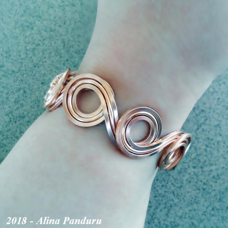 Copper Bracelet 'Round and Round' Handmade OOAK Wire Wrapped Copper Jewelry, Square & Round Wire, Turquoise Mother of Pearl Copper Bracelet image 5