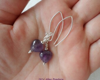 Amethyst Heart Sterling Silver Earrings, Dangle, Drop, Handmade Wire Wrap Gemstone Heart Earrings, Purple Amethyst Jewelry, Gift for Women