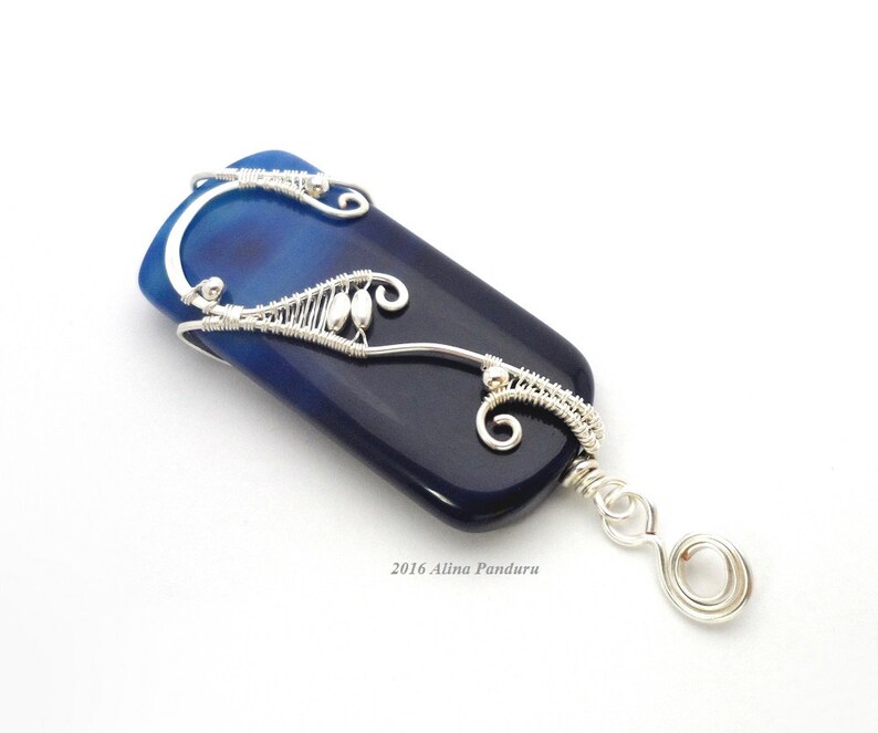 Blue Agate Pendant Silver Pendant Wire Wrapped Gemstone Pendant Handmade Agate Jewelry Navy Blue Stone Pendant Reversible Sea Waves Pendant