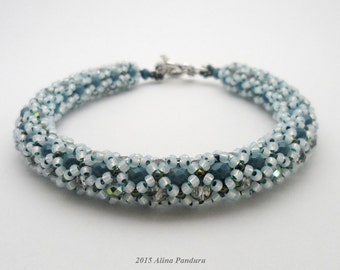 FORGET ME NOT - Beaded Bracelet Teal Aqua Blue Bracelet, Seed Bead Bracelet Crystal Bracelet, Netted Rope Large Bracelet, Beadwoven Bracelet